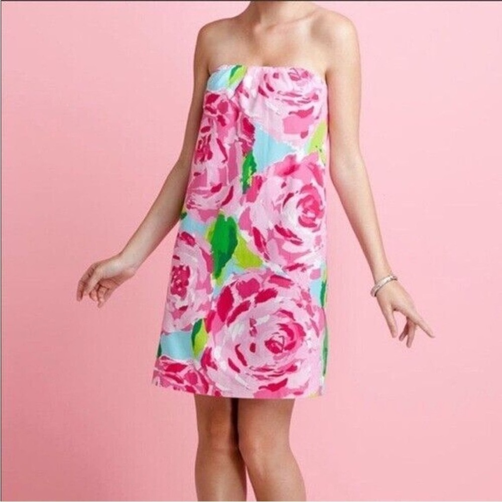 Lilly Pulitzer Keetan Dress First Impressions Pink Roses Holy Grail Strapless 0 - Picture 1 of 14